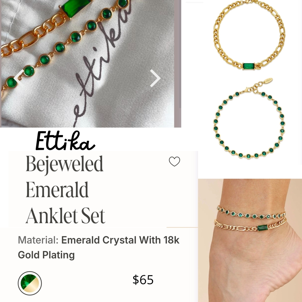 Ettika Bejeweled Emerald Anklet Set with Gold Plating. Without Box. #194